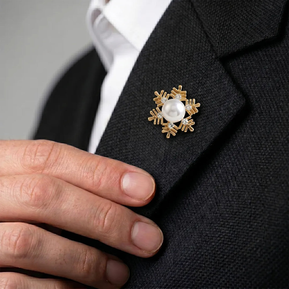 Gold Snowflake Pearl Lapel Pin | Formal & Wedding Accessory
