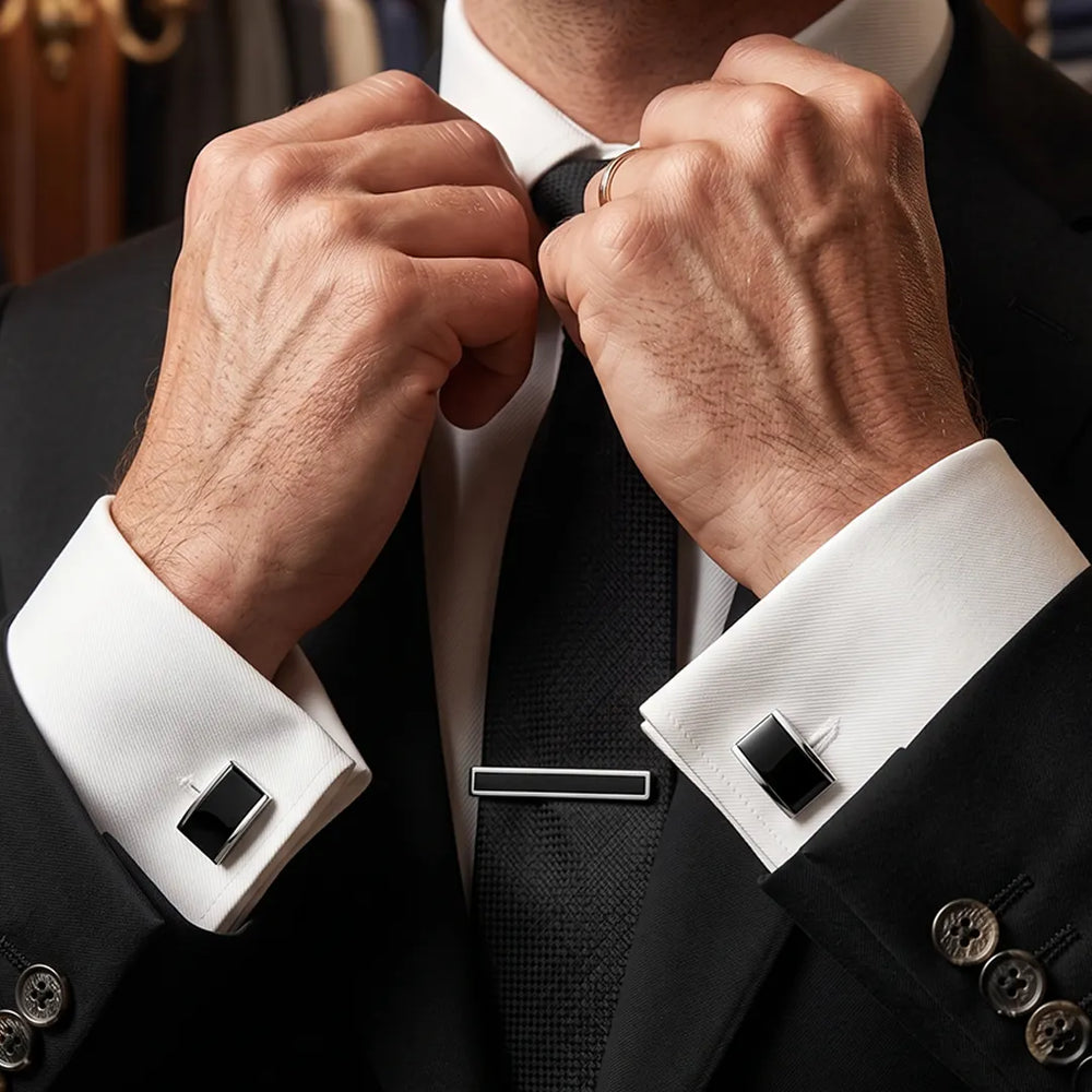 Men's Silver and Black Enamel Cufflinks and Tie Clip Set with Gift Box | Sailor Australia