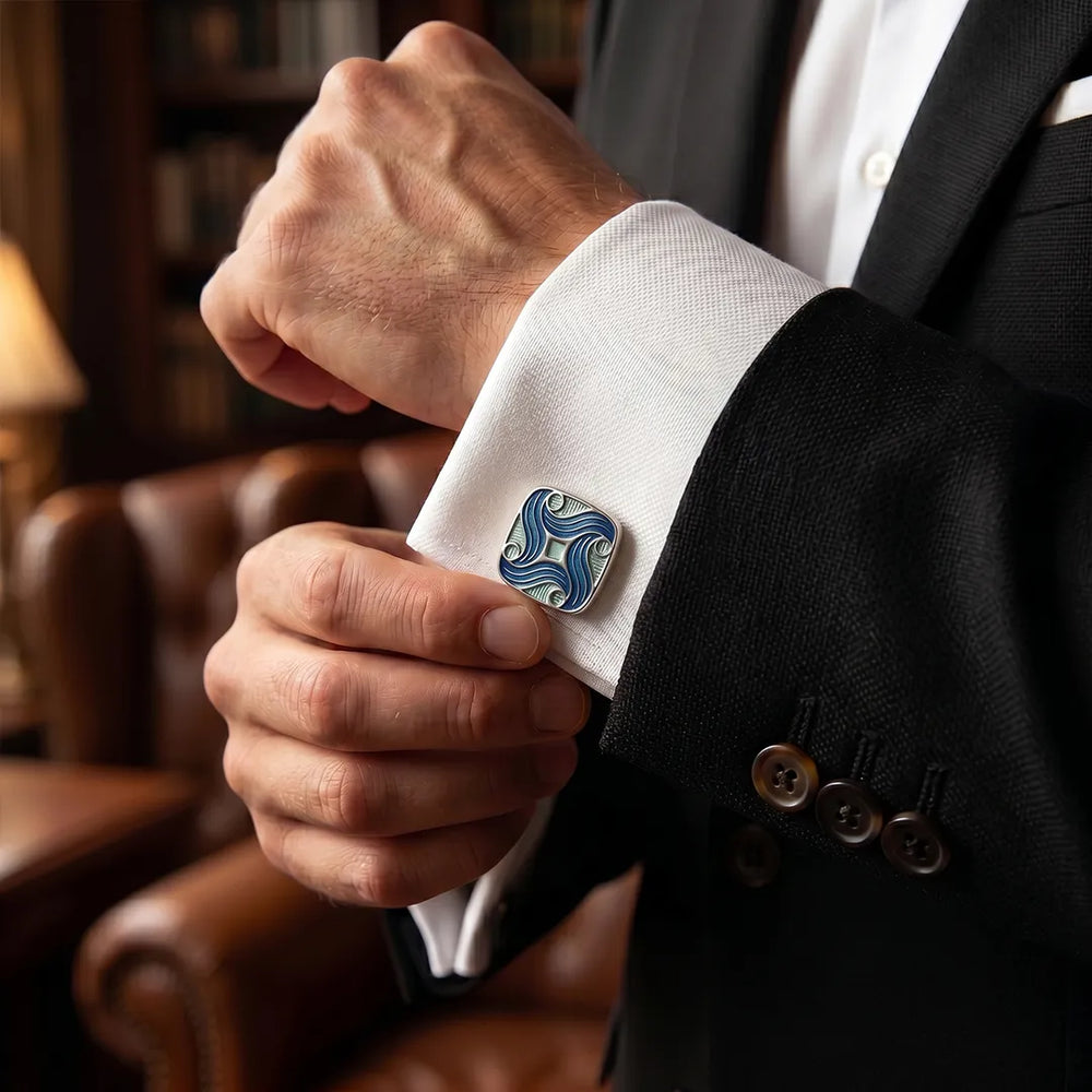 Silver Ocean Wave Enamel Cushion Cufflinks | Sailor Australia