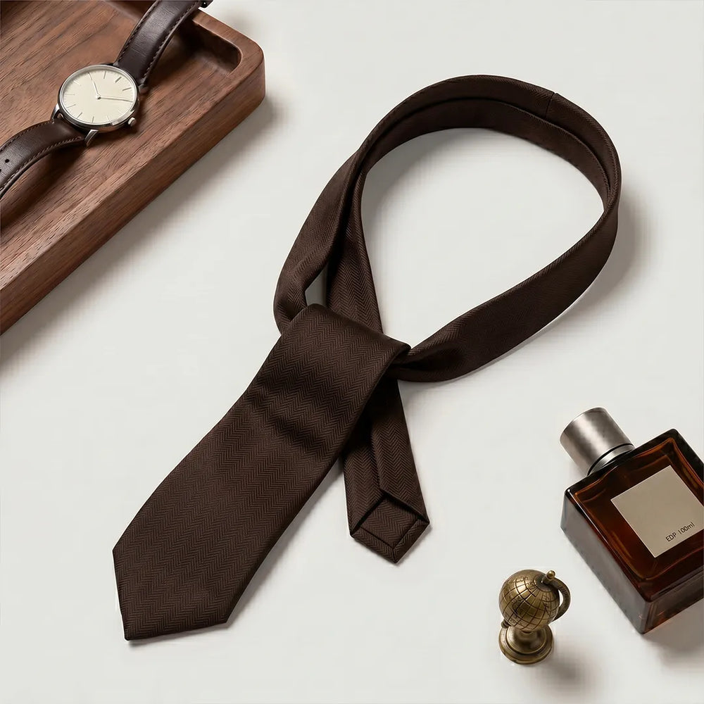 Dark Brown Herringbone Skinny Tie | Polyester Wedding & Formal Necktie