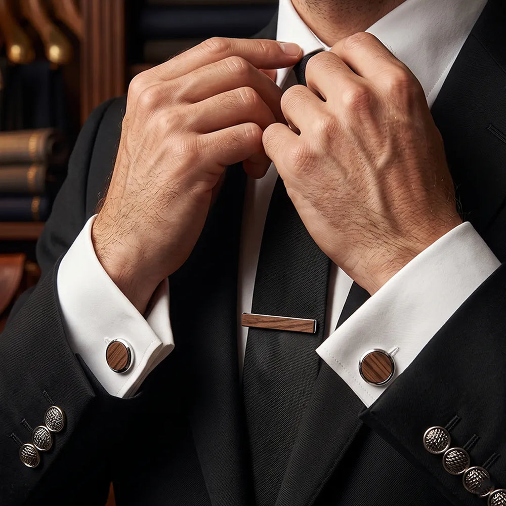 Men's Walnut Wood Cufflinks and Tie Clip Set with Gift Box | Sailor Australia