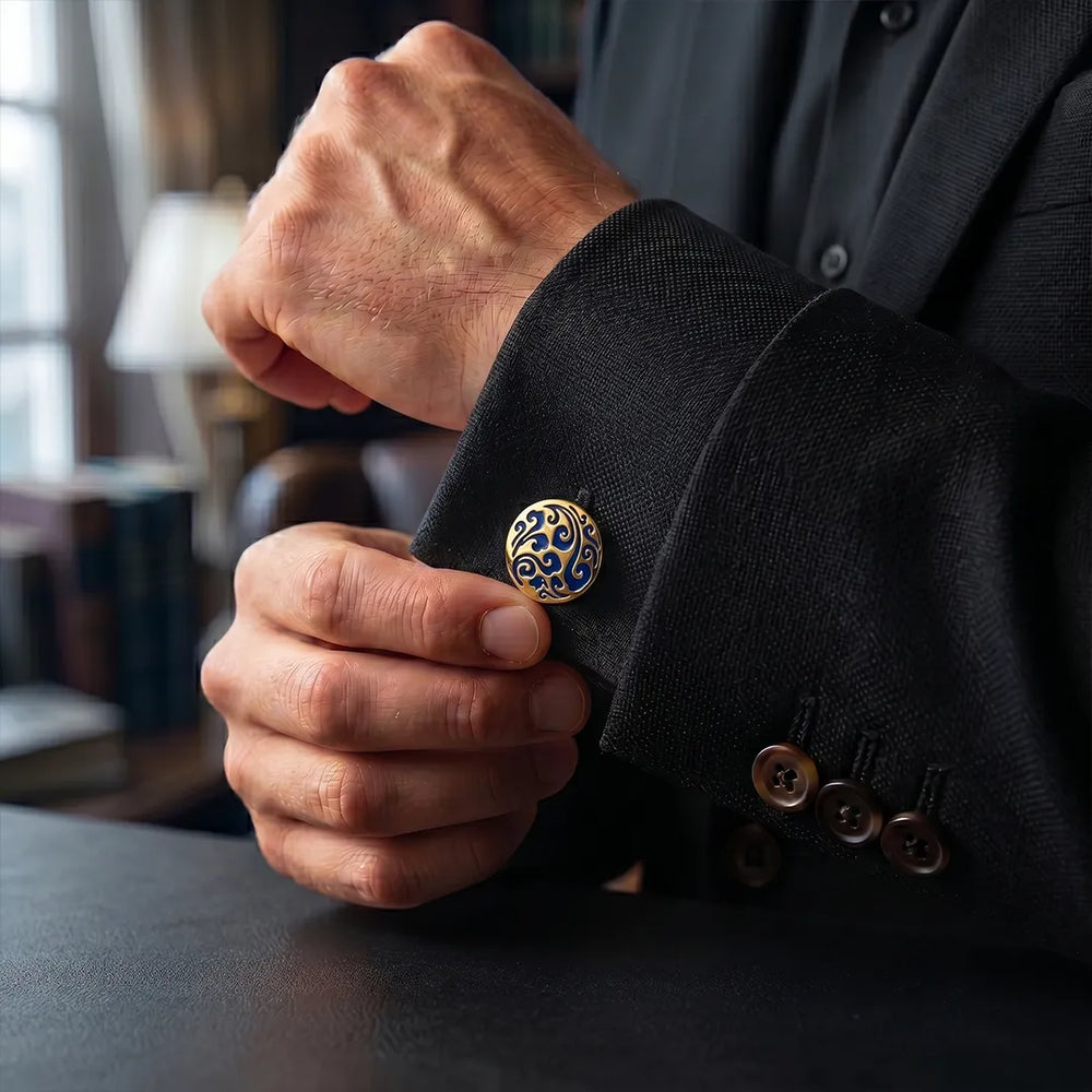 Gold Royal Blue Enamel Arabesque Swirl Round Cufflinks | Sailor Australia