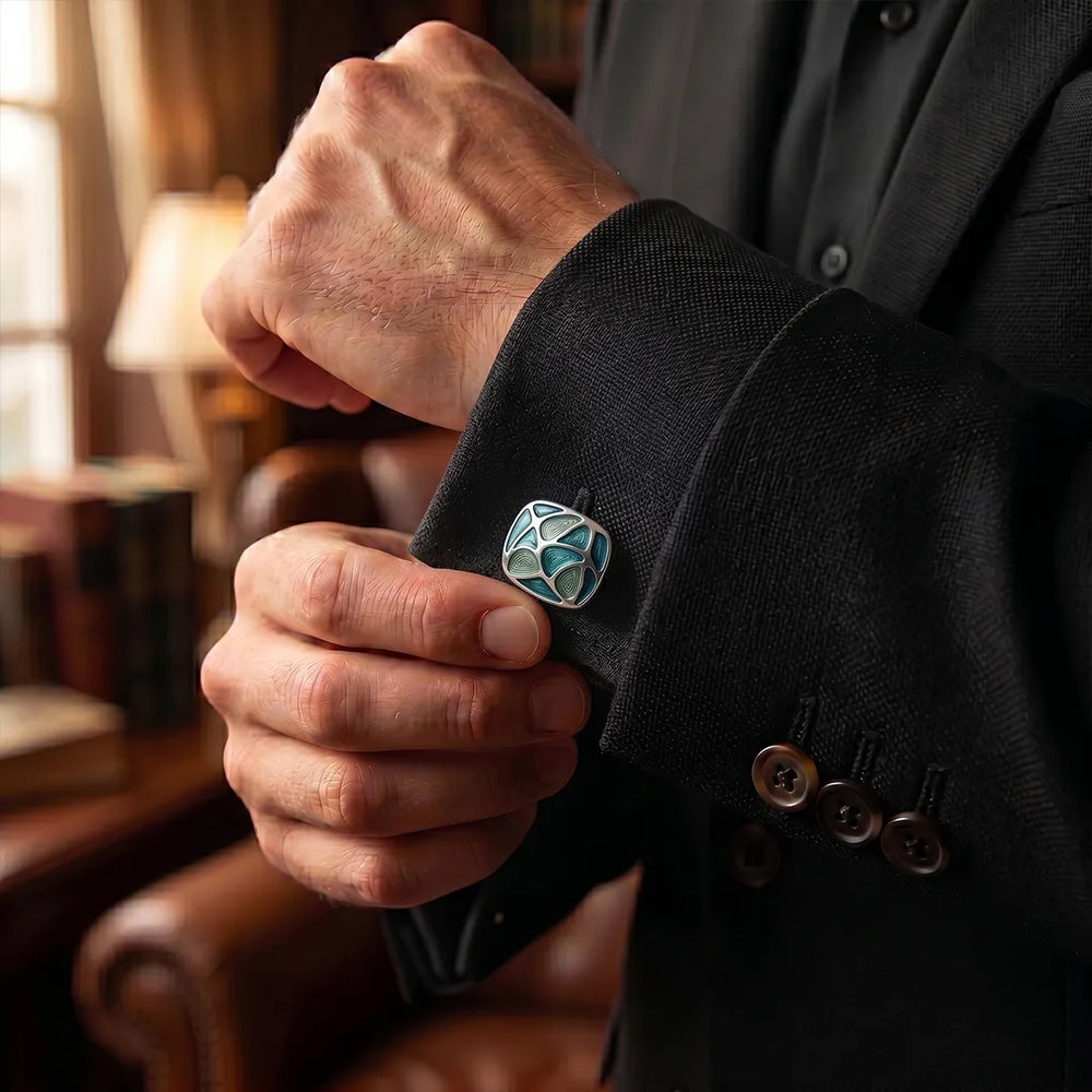 Silver Ocean Mosaic Teal & Seafoam Enamel Cushion Cufflinks | Sailor Australia