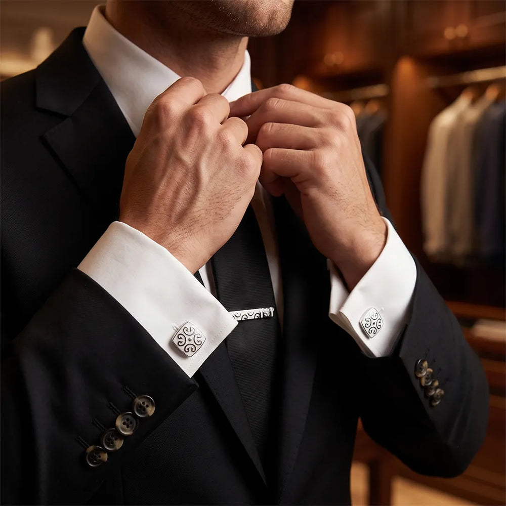 Silver & White Filigree Cufflink & Tie Clip Set | Wedding & Formal