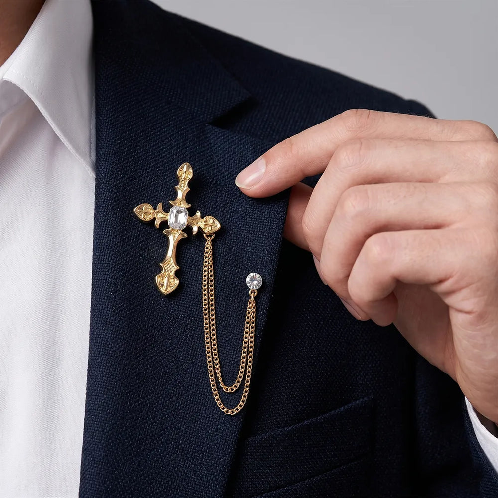 Gold Ornate Cross Crystal Lapel Pin with Chain | Formal & Wedding Accessory