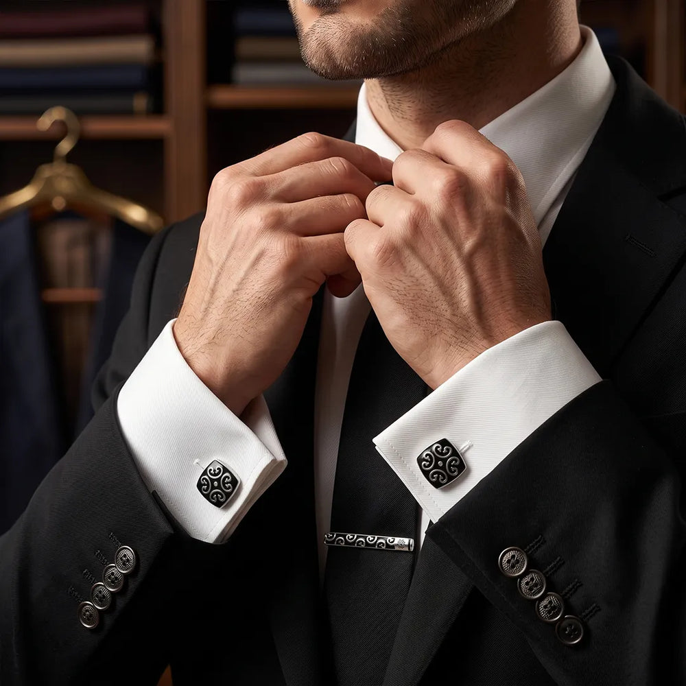 Men's Silver and Black Filigree Cufflinks and Tie Clip Set with Gift Box | Sailor Australia