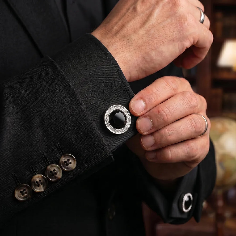 Silver Faceted Black Crystal Milgrain Round Cufflinks | Sailor Australia