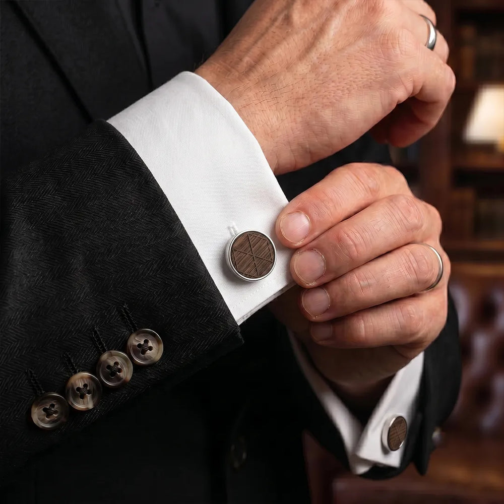 Silver & Walnut Wood Geometric Linear Round Cufflinks | Sailor Australia