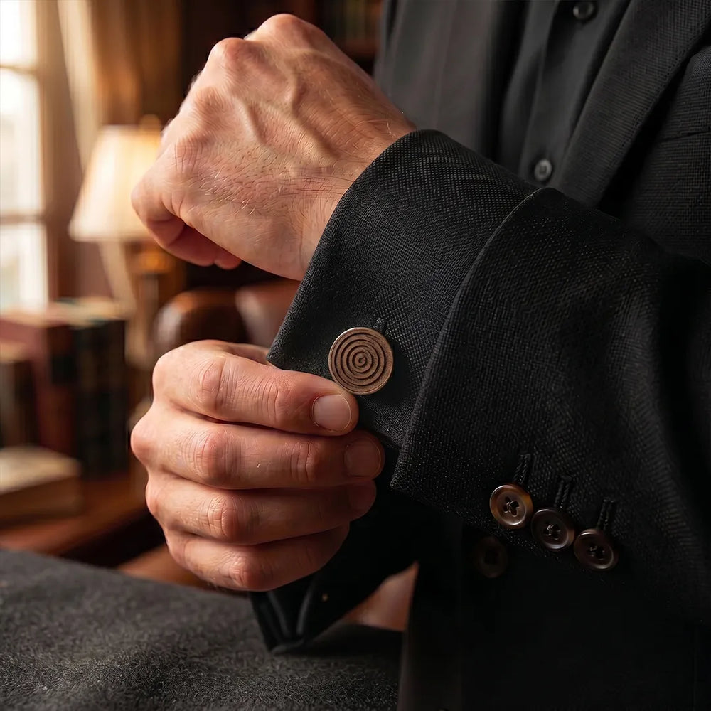 Silver Carved Walnut Wood Spiral Round Cufflinks | Sailor Australia