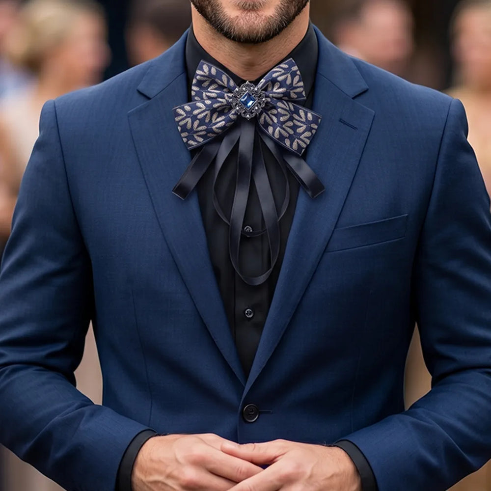 Navy & Gold Jeweled Ribbon Bow Tie | Wedding & Formal