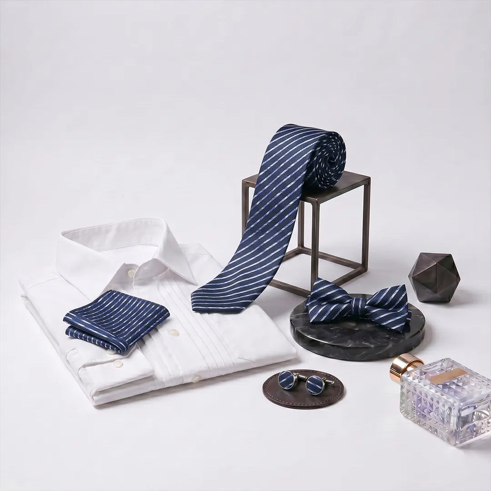 Navy, Blue & White Stripe Tie Set | Wedding & Formal Accessory Set