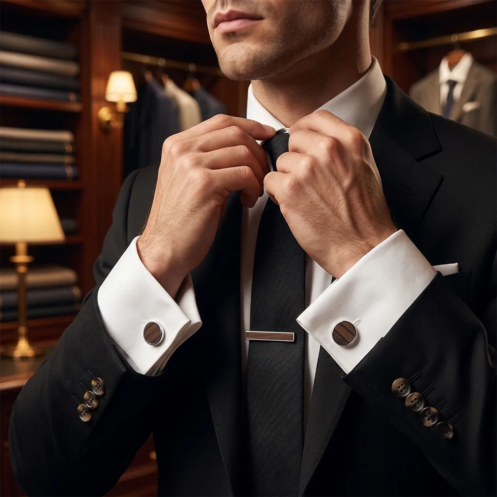 Silver & Dark Wood Cufflink & Tie Clip Set | Sailor Australia