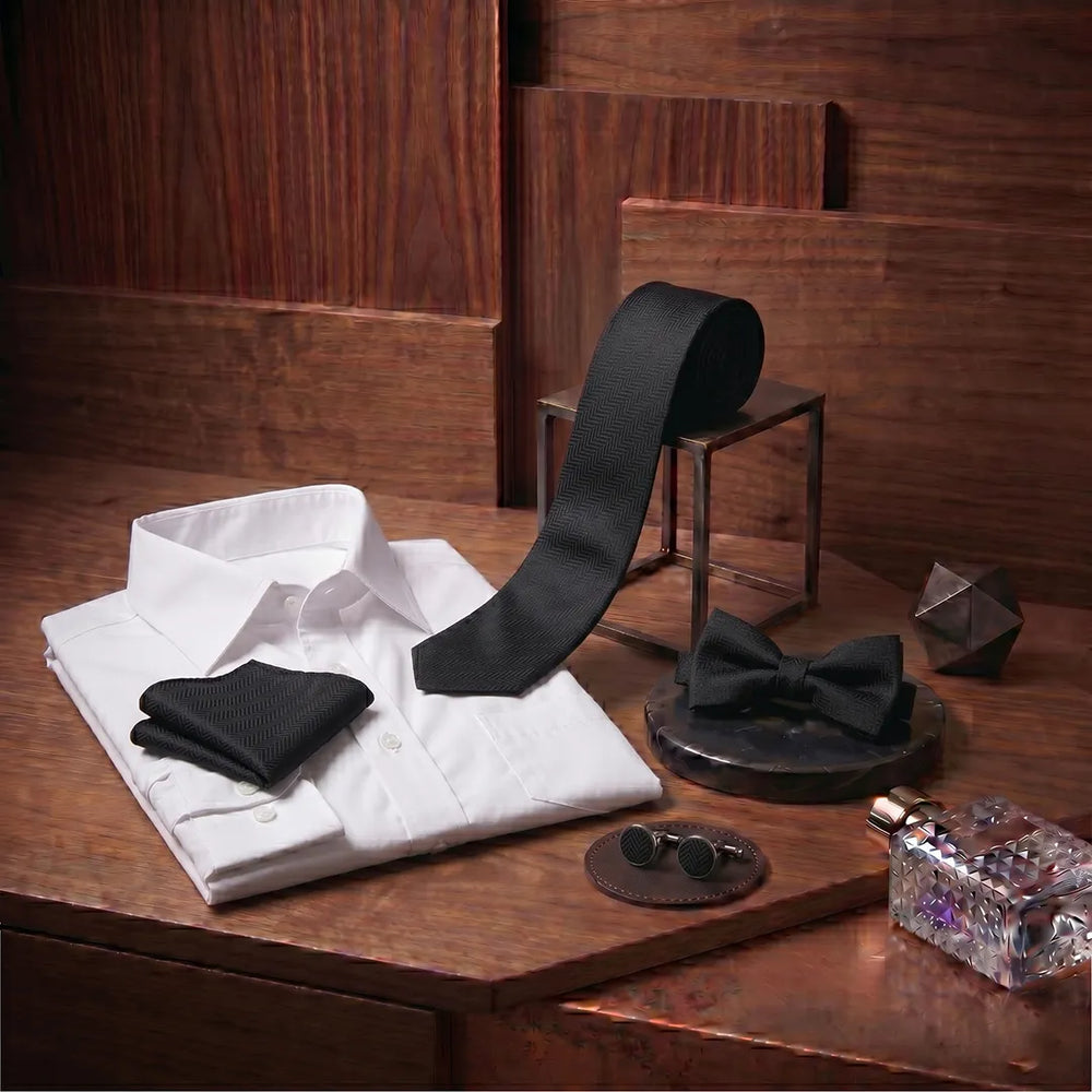 Black Herringbone Tie Set | Wedding & Formal Accessory Set