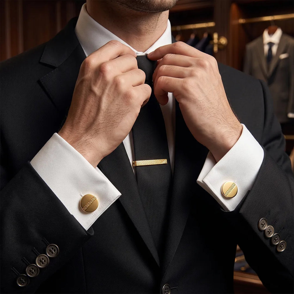 Gold Woven Pattern Cufflink & Tie Clip Set | Wedding & Formal Accessory