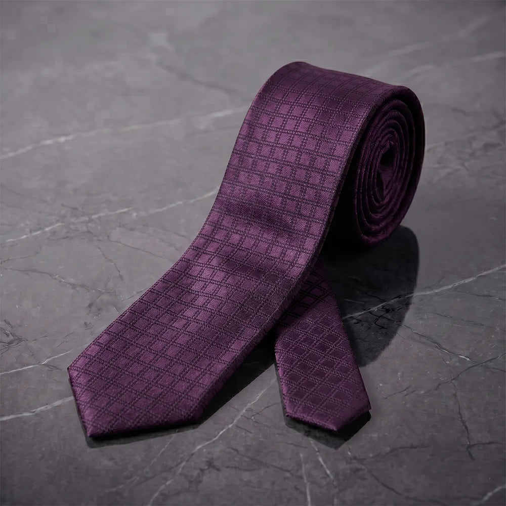 Plum Grid Skinny Tie | Polyester Wedding & Formal Necktie
