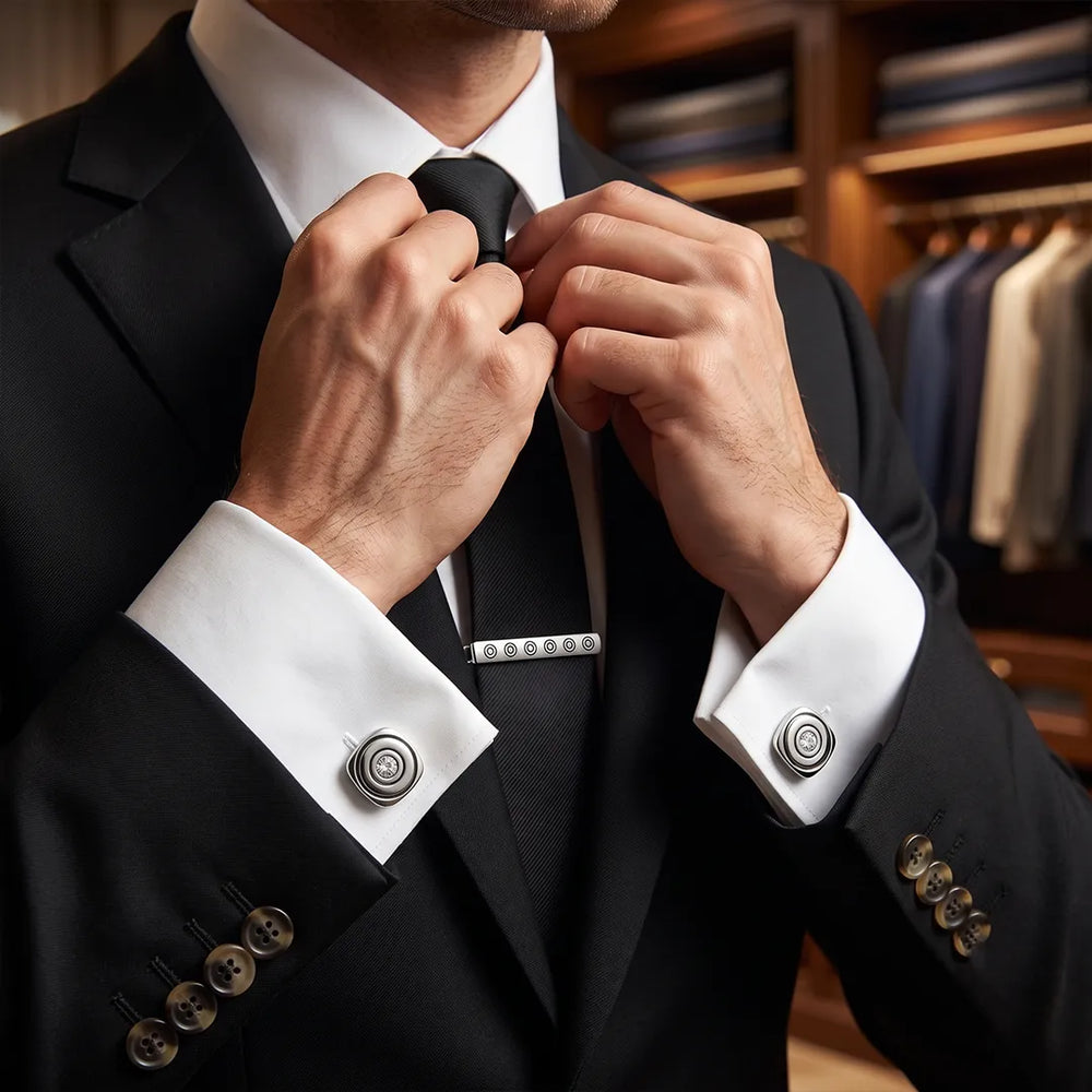 Silver & Black Circle Crystal Cufflink & Tie Clip Set | Wedding & Formal