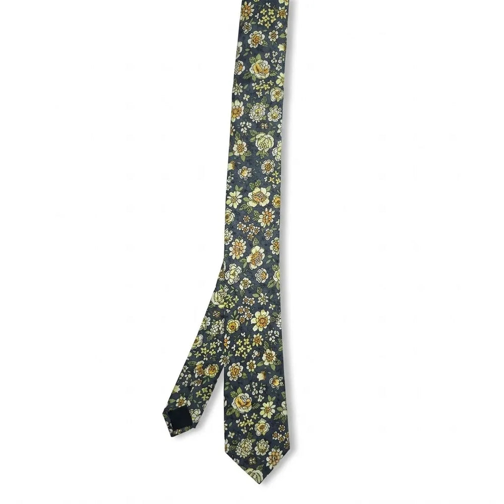 Slate Navy & Yellow Meadow Floral Cotton Slim Necktie | Sailor Australia