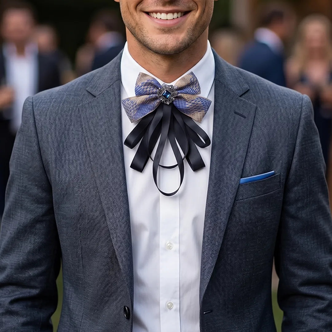 Close-up torso shot of a man wearing a tailored grey suit jacket, crisp white shirt, and a striking blue and gold jeweled ribbon bow tie by Sailor Australia.