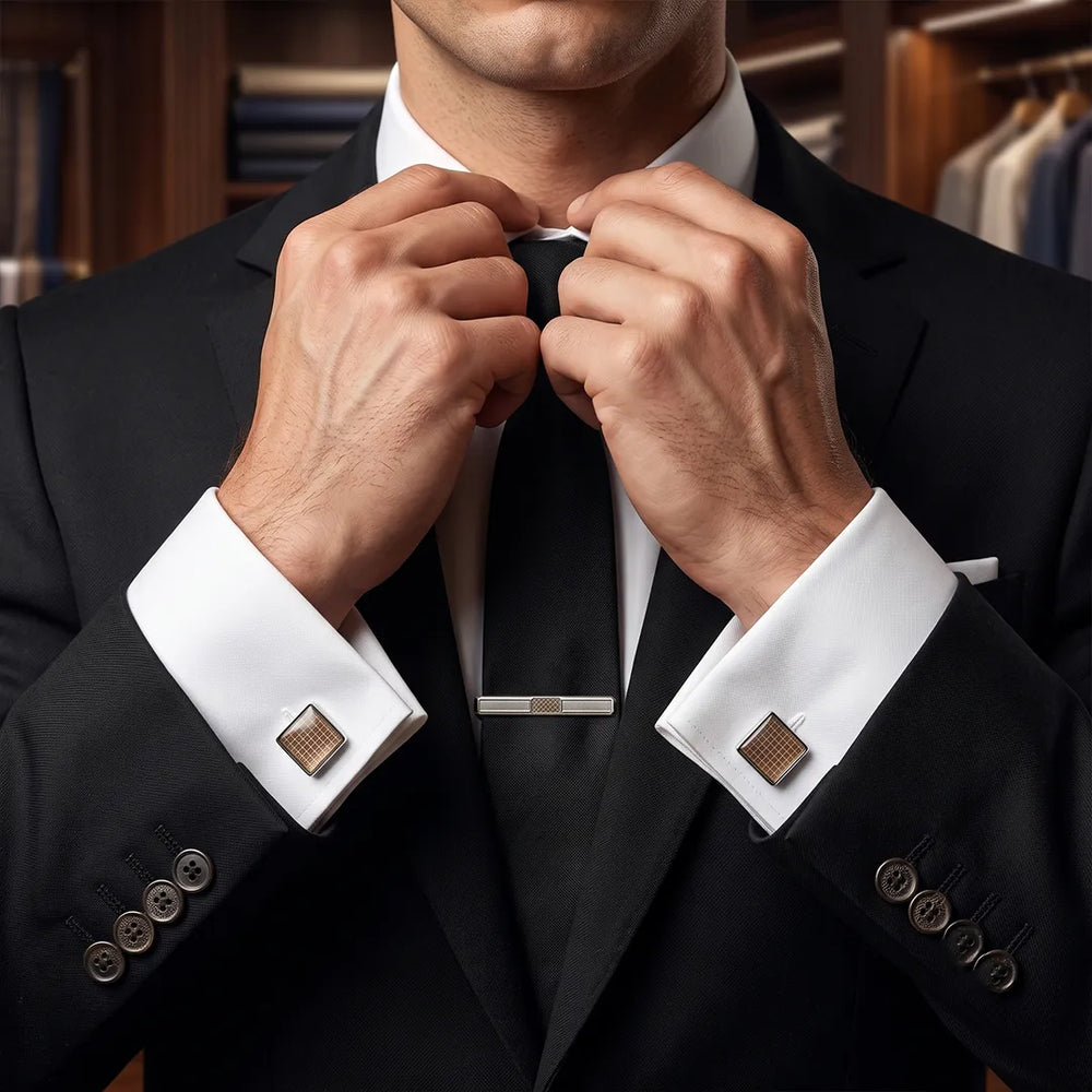 Sailor Australia Brown Check Cufflink & Tie Clip Set | Wedding & Formal