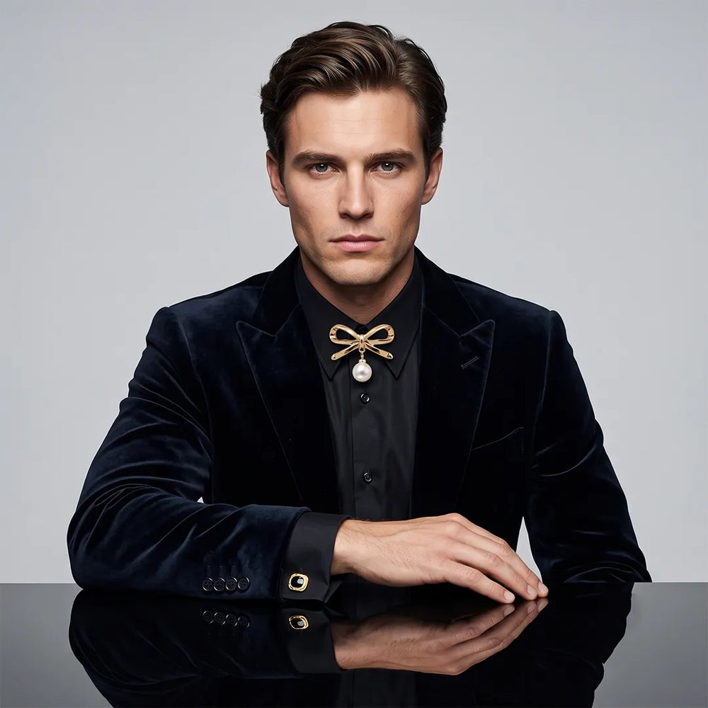 Gold Bow & Pearl Collar Pin | Wedding & Formal