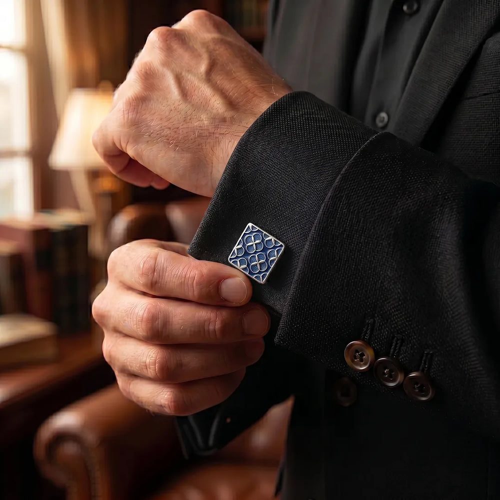 Silver & Blue Guilloché Clover Lattice Square Cufflinks | Sailor Australia