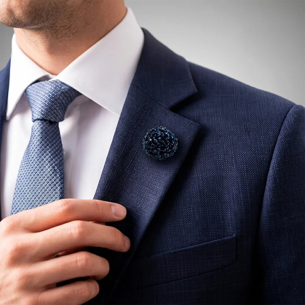 Navy Blue Beaded Lapel Pin | Formal & Wedding Accessory