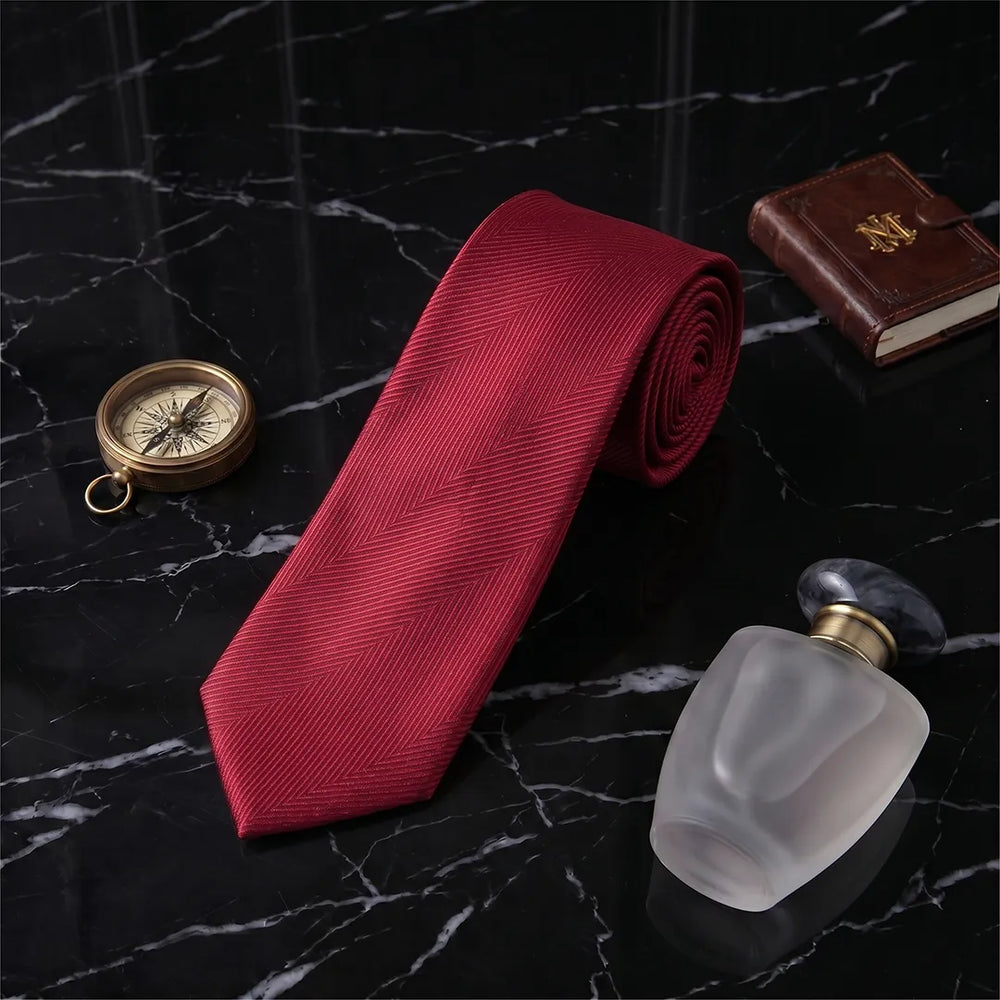 Red Herringbone Skinny Tie | Polyester Wedding & Daily Necktie