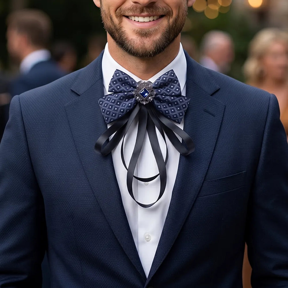 Navy Geometric Jeweled Ribbon Bow Tie | Wedding & Formal
