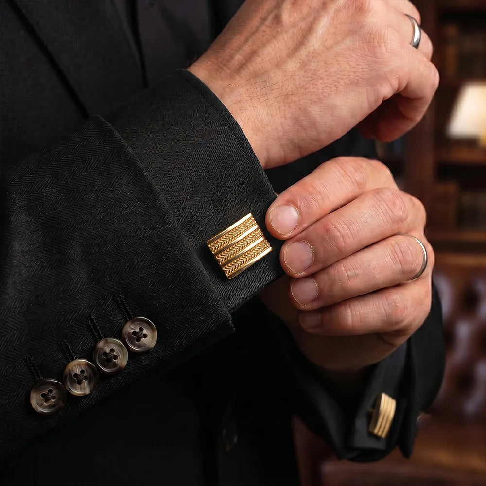 Gold Herringbone Textured Stripe Rectangular Cufflinks | Sailor Australia