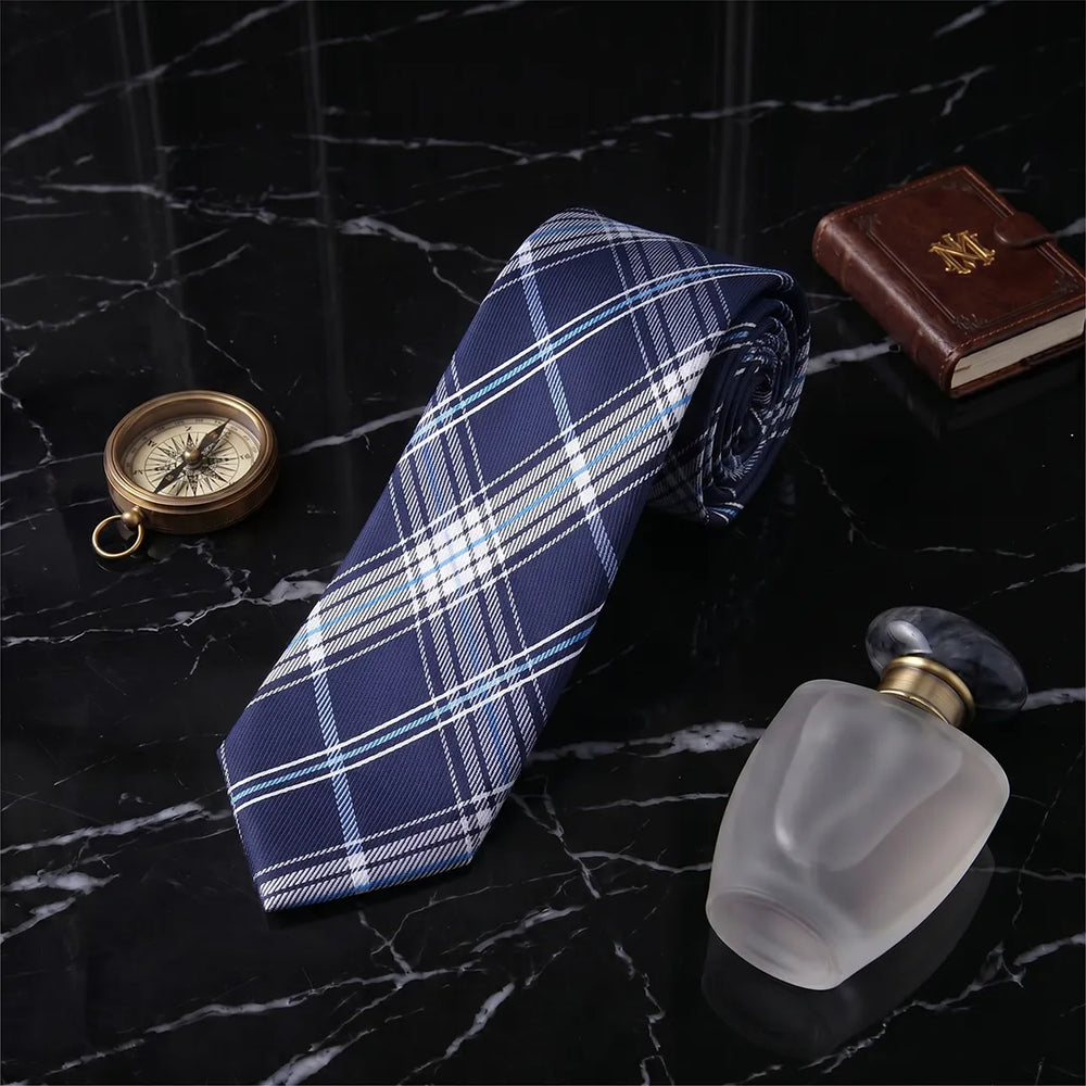 Navy Plaid Skinny Tie | Polyester Wedding & Daily Necktie