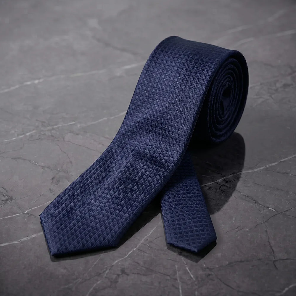 Navy Blue Grid Skinny Tie | Polyester Wedding & Formal Necktie