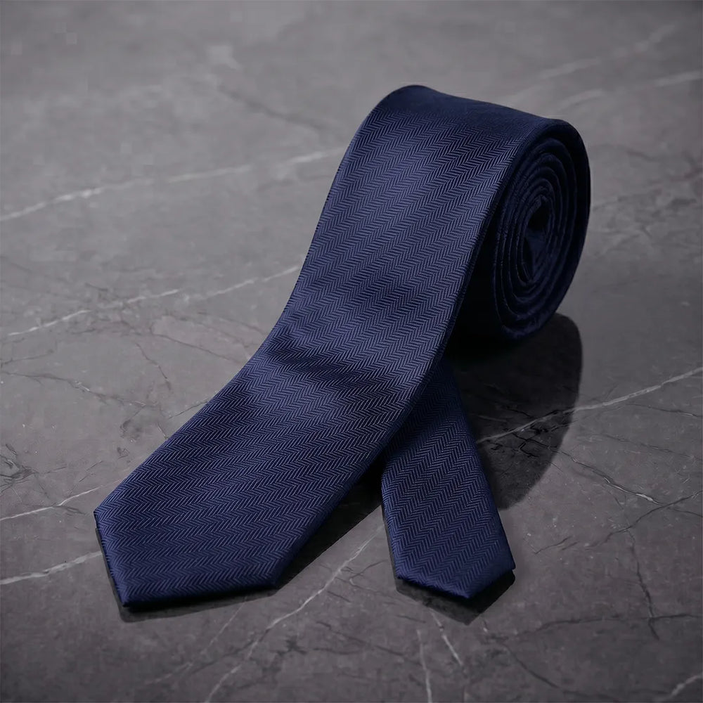 Navy Blue Herringbone Skinny Tie | Polyester Wedding & Formal Necktie