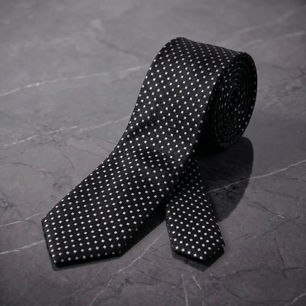 Black & Silver Micro-Dot Skinny Tie | Polyester Wedding & Formal Necktie