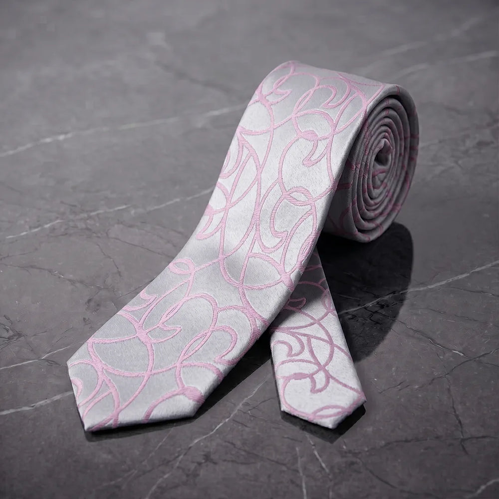 Silver & Pink Swirl Skinny Tie | Polyester Wedding & Formal Necktie