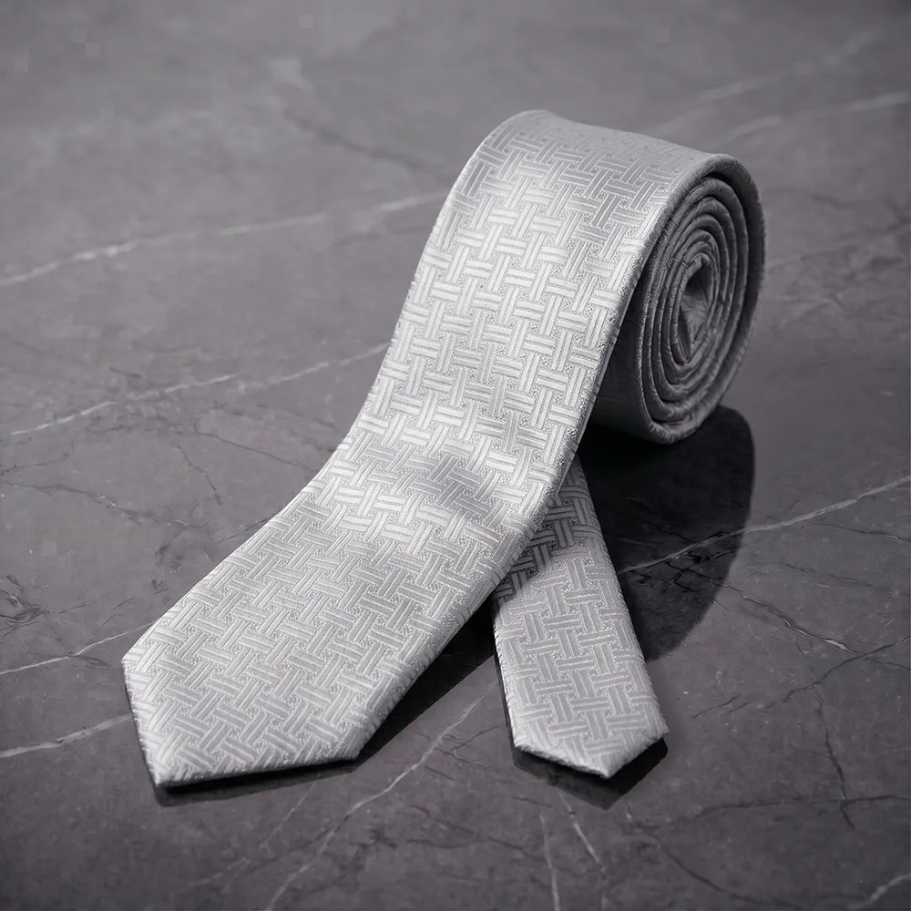 Silver Grey Geometric Skinny Tie | Polyester Wedding & Formal Necktie