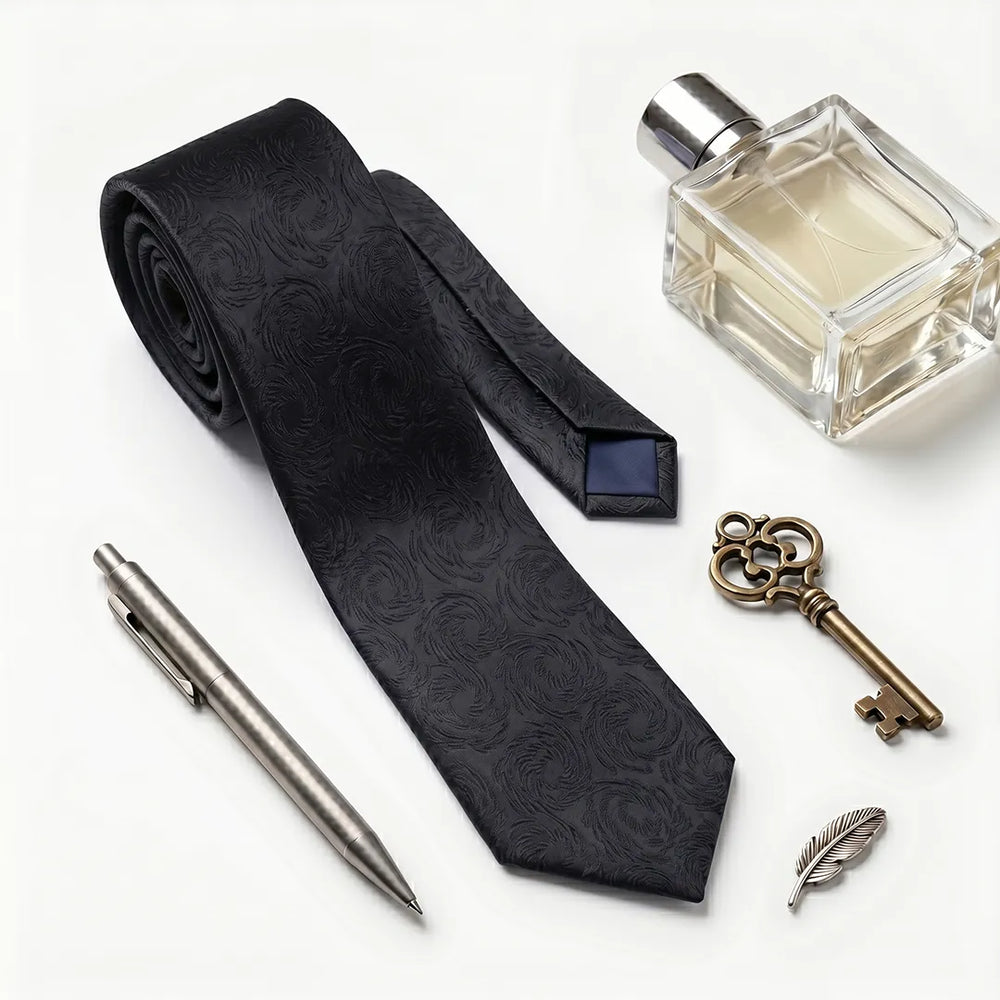 Black Floral Jacquard Skinny Tie | Polyester Wedding & Formal Necktie