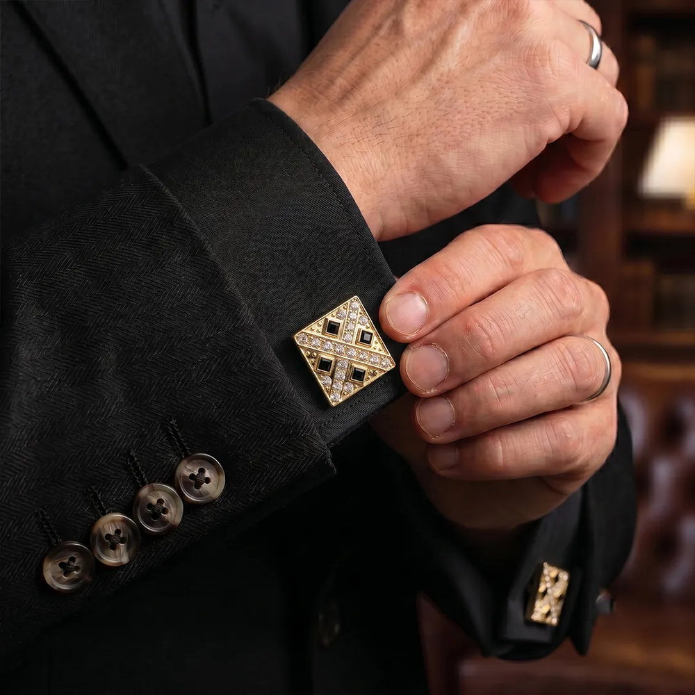 Gold Art Deco Geometric Black & Clear Crystal Square Cufflinks | Sailor Australia