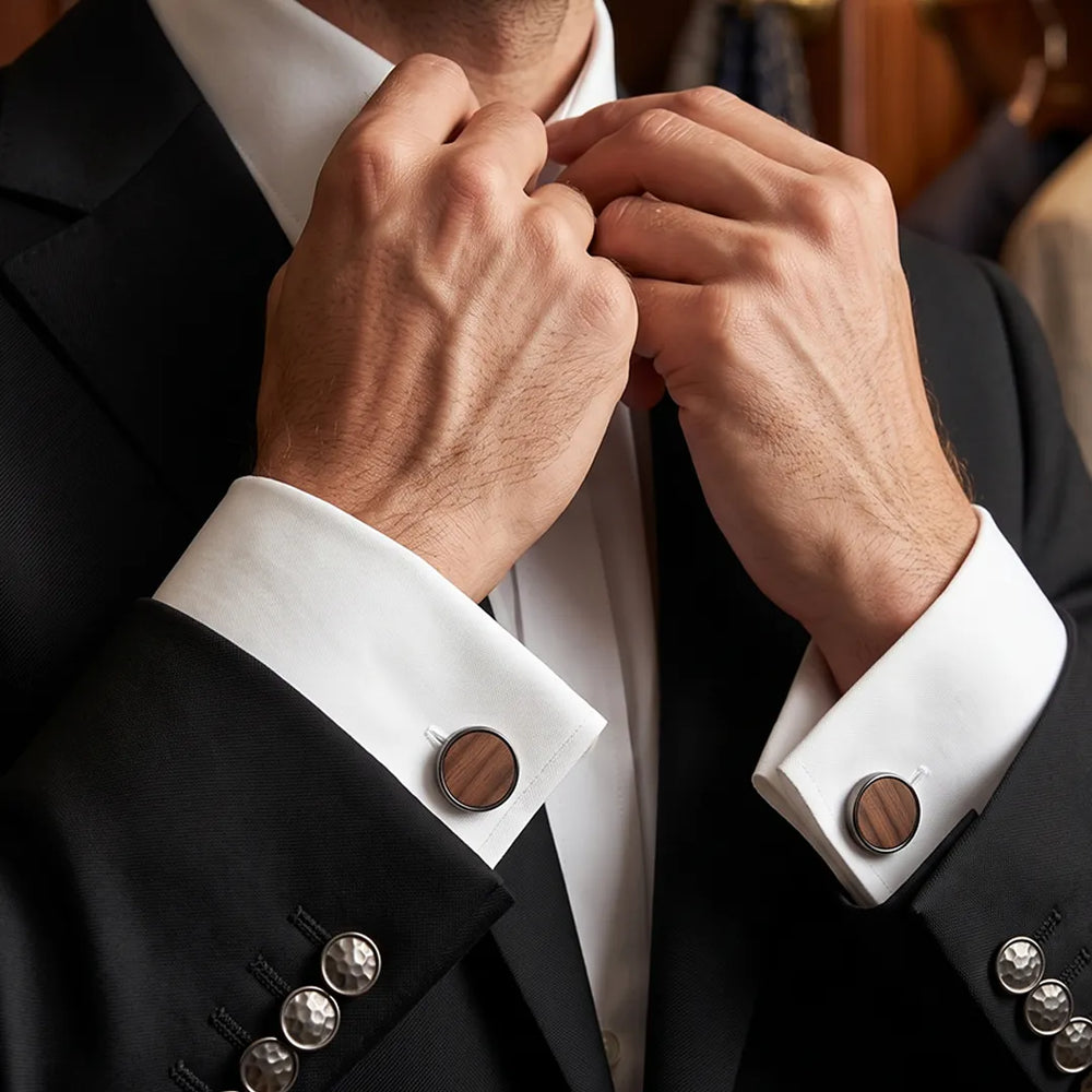 Gunmetal & Wood Cufflink & Tie Clip Set | Wedding & Formal Accessory