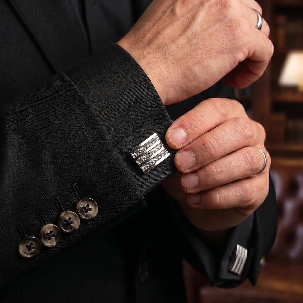 Silver Herringbone Textured Stripe Rectangular Cufflinks | Sailor Australia