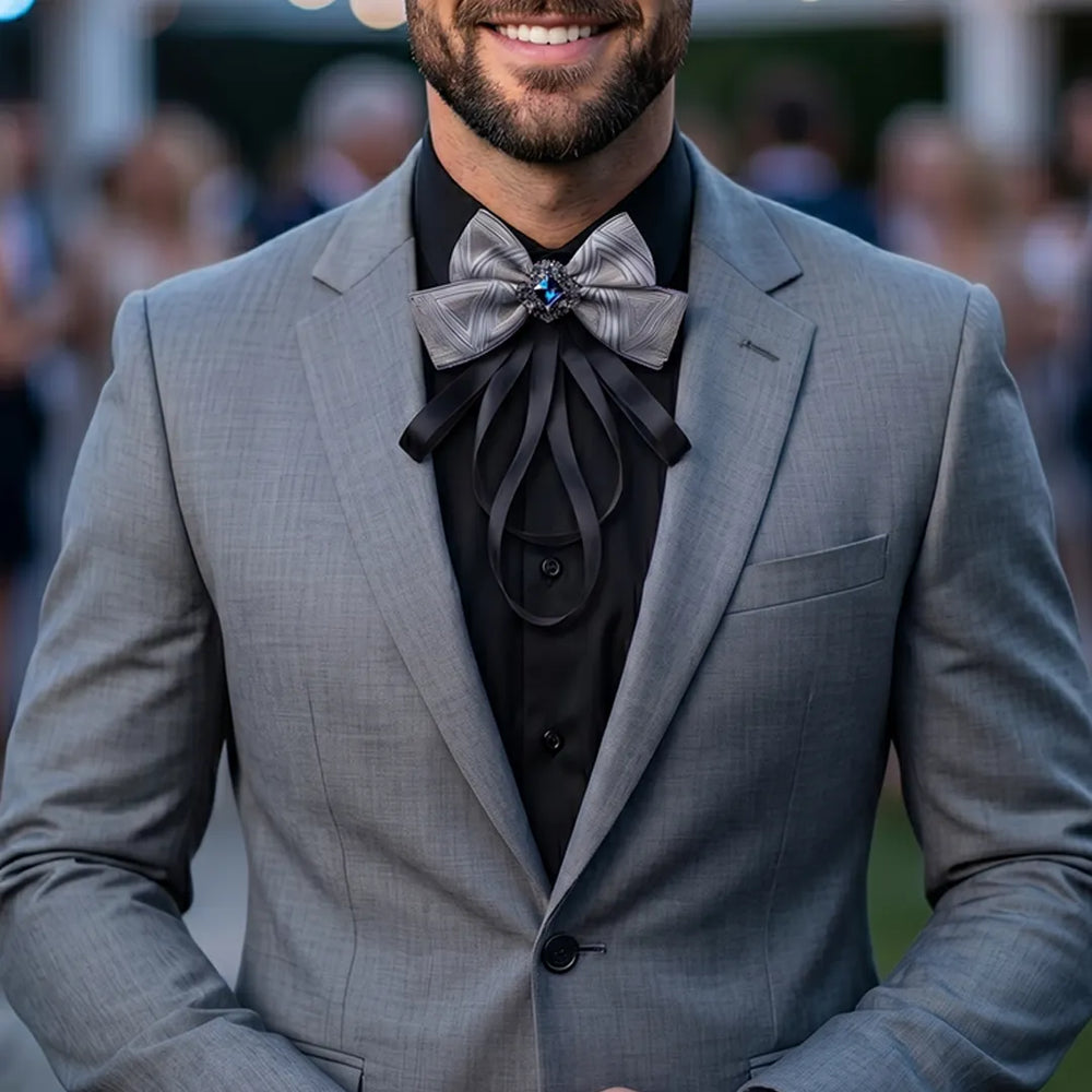 Silver Grey Jeweled Ribbon Bow Tie | Wedding & Formal