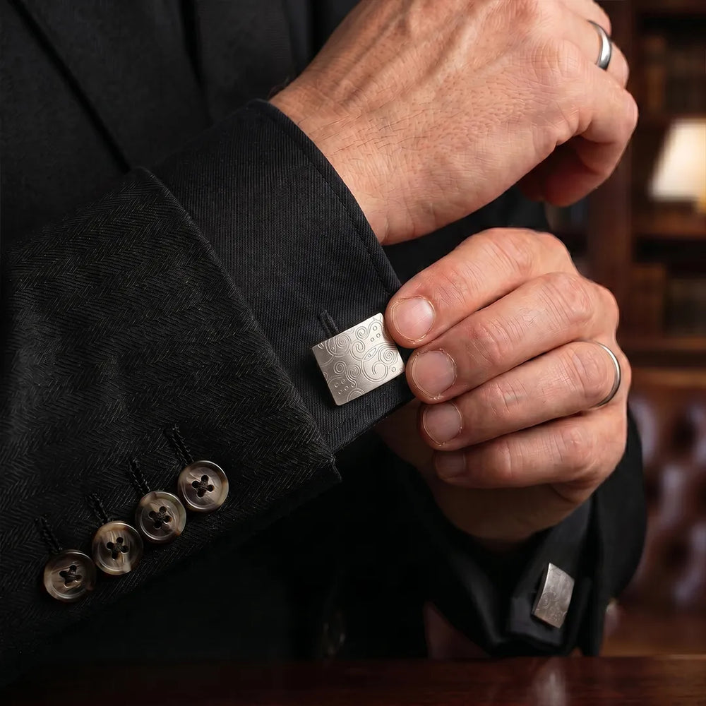 Silver Brushed Etched Scroll Rectangular Cufflinks | Sailor Australia