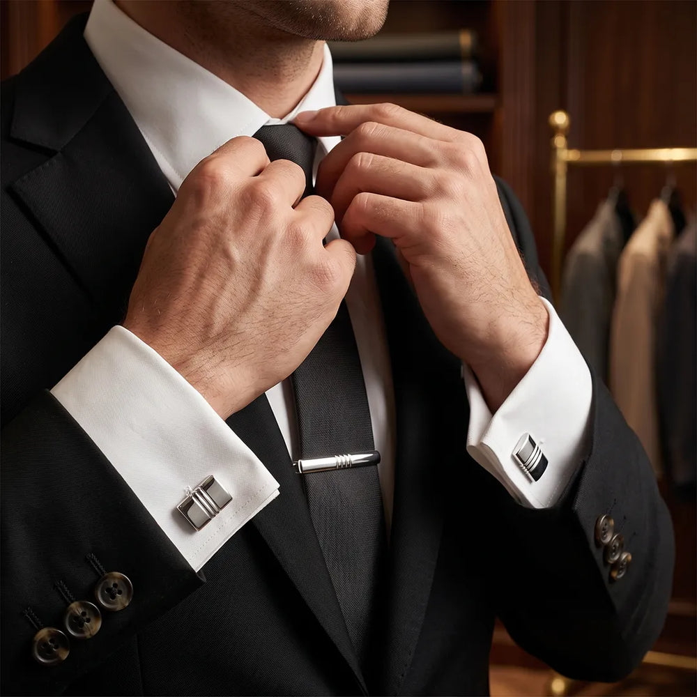 Men's Silver Striped Cufflinks and Tie Clip Set with Gift Box | Sailor Australia