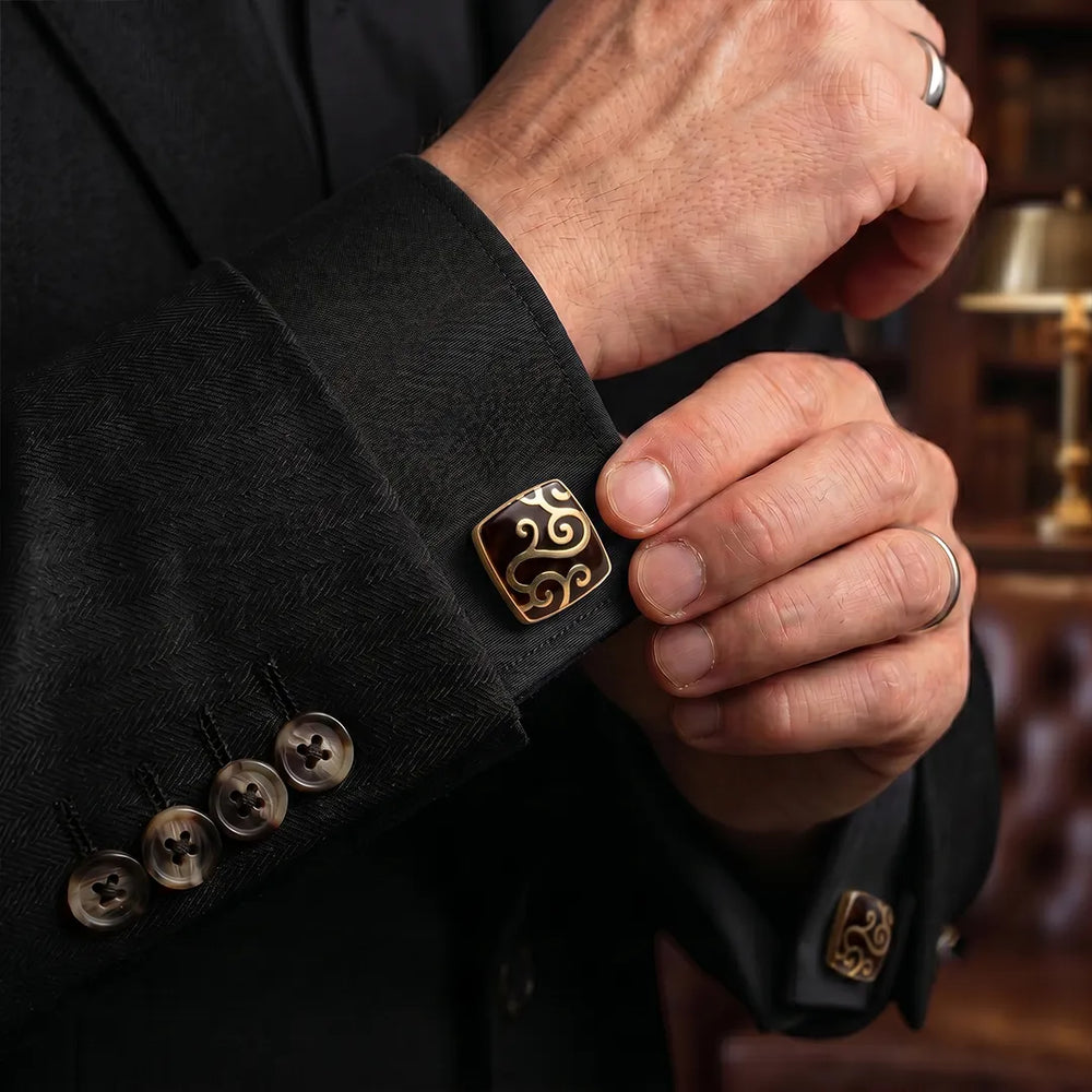 Gold & Tortoiseshell Brown Arabesque Scroll Square Cufflinks | Sailor Australia