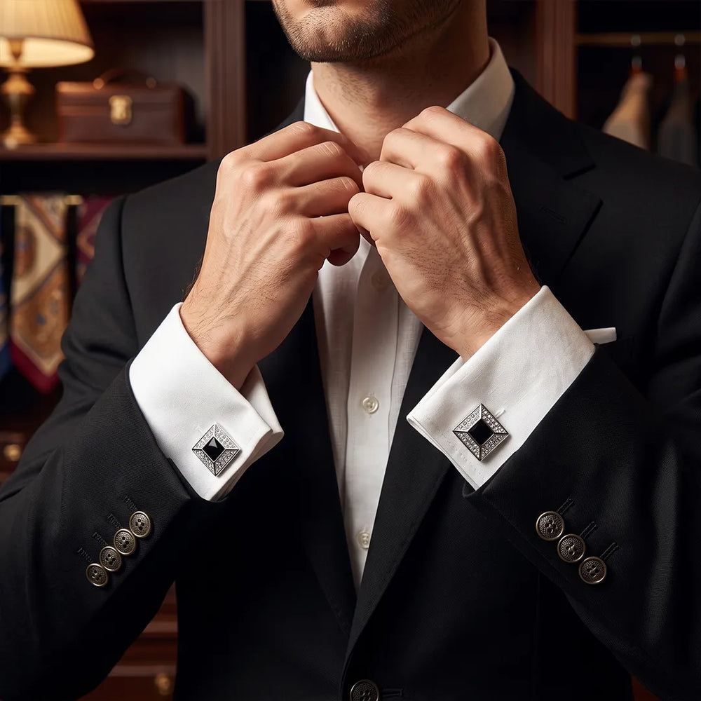Silver & Black Crystal Cufflink & Tie Clip Set | Wedding & Formal