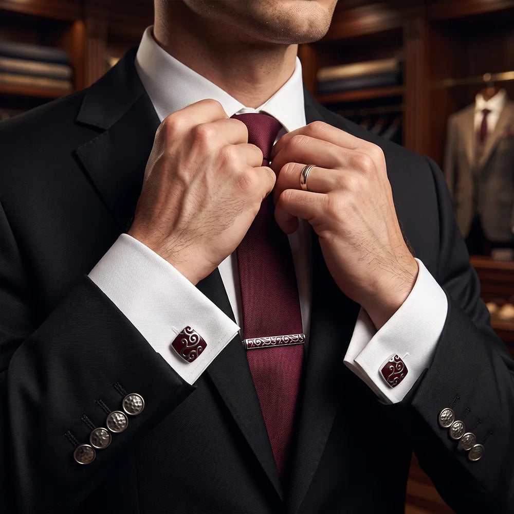 Silver & Burgundy Scroll Cufflink & Tie Clip Set | Wedding & Formal