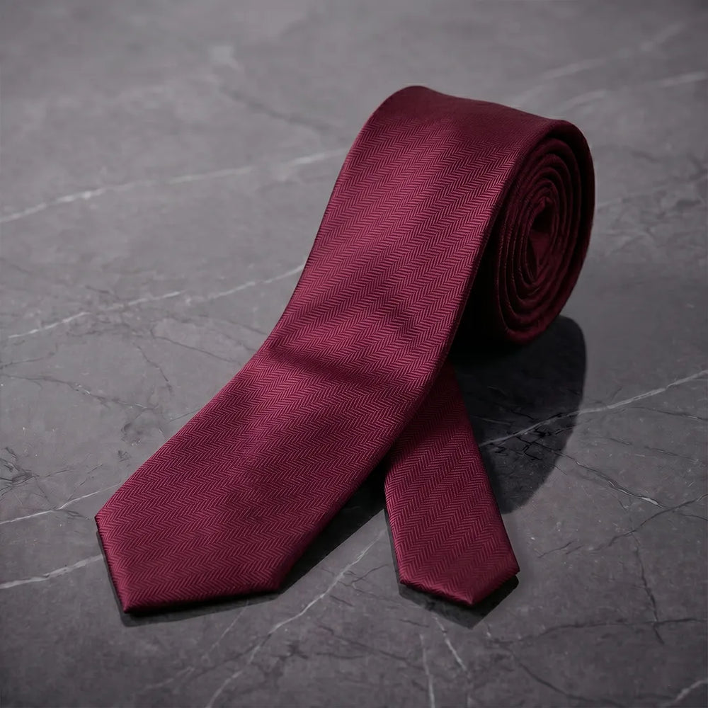 Burgundy Herringbone Skinny Tie | Polyester Wedding & Formal Necktie