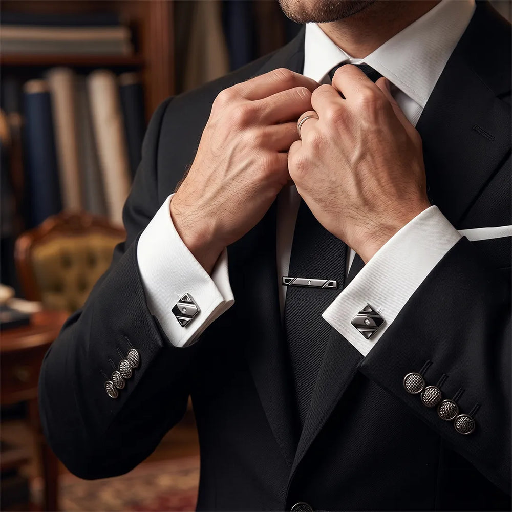Men's Gunmetal Geometric Cufflinks and Tie Clip Set with Gift Box | Sailor Australia
