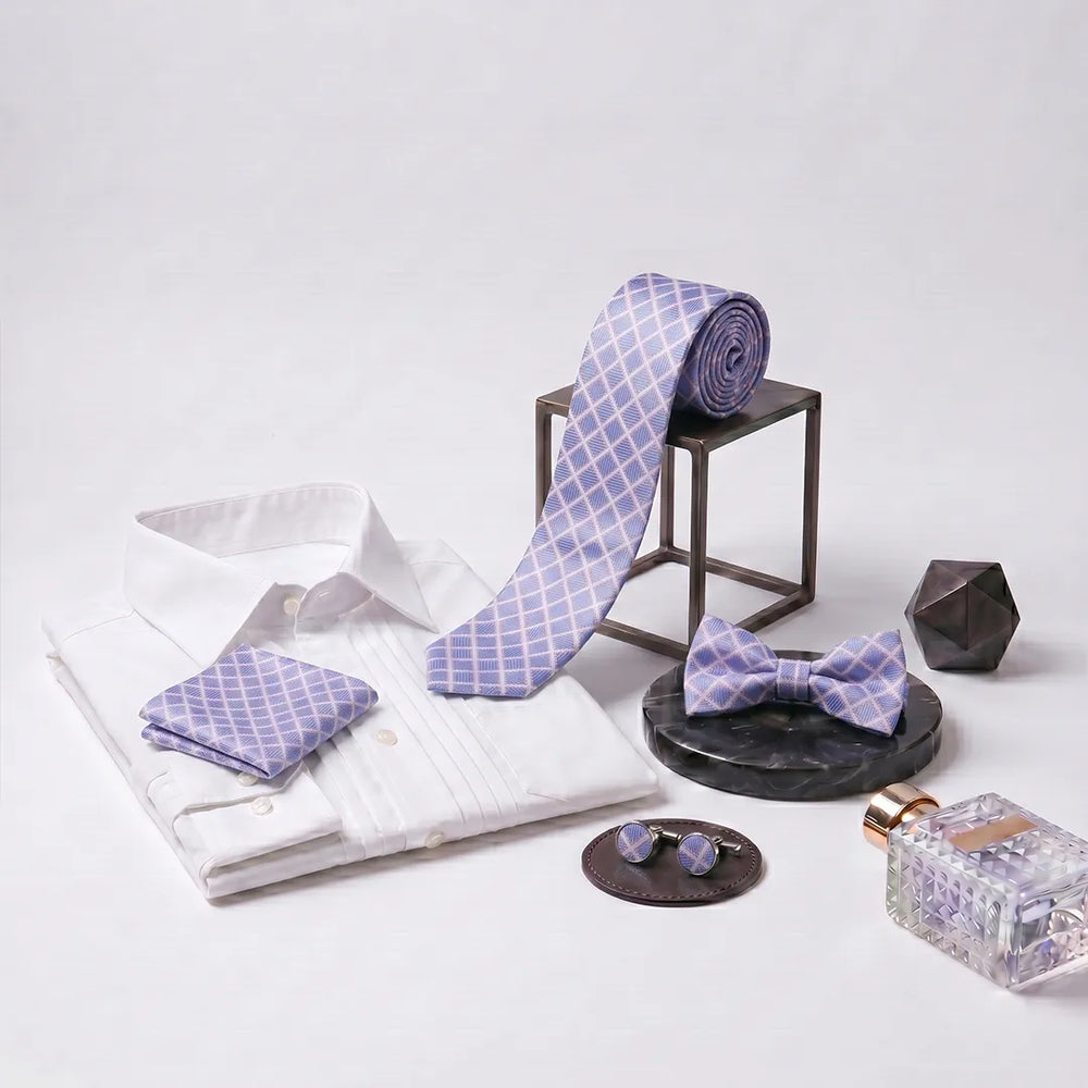 Lavender Windowpane Check Tie Set | Wedding & Formal Accessory Set