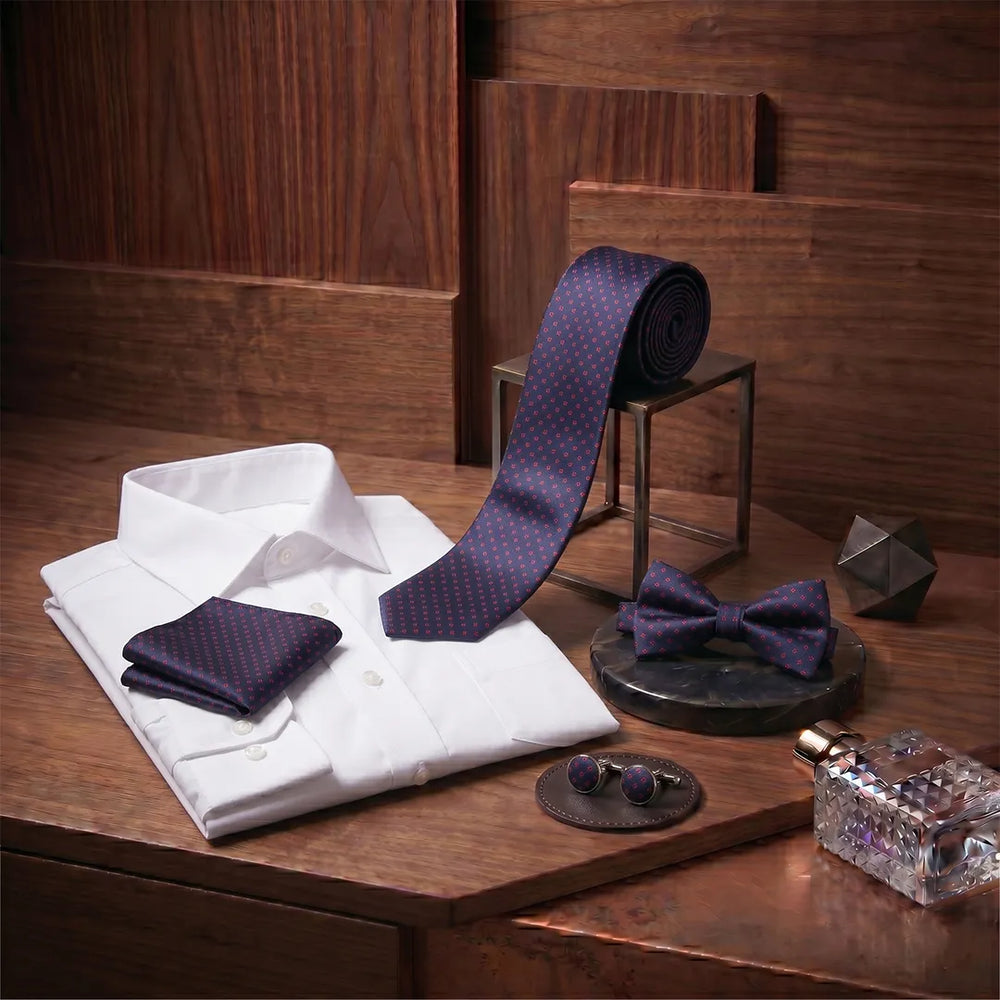 Navy & Red Micro-Cross Tie Set | Wedding & Formal Accessory Set
