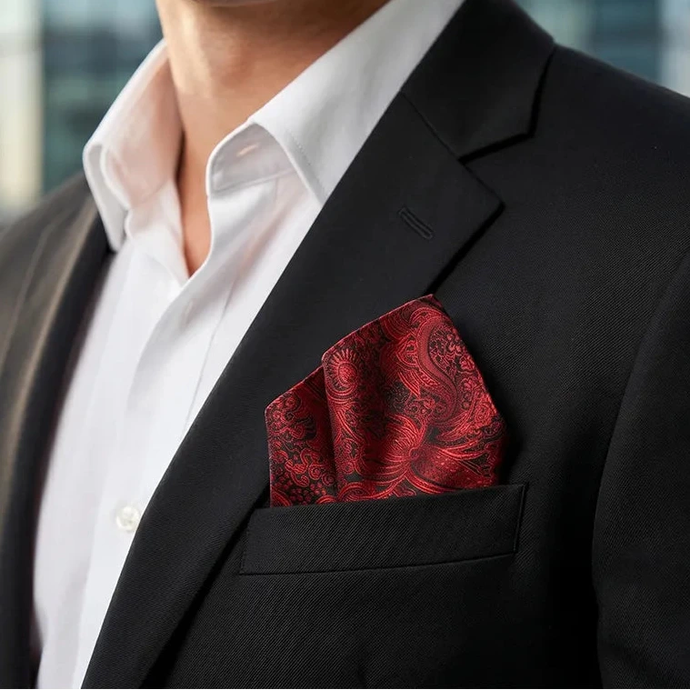 Red & Black Paisley Pocket Square | Polyester Formal & Casual Accessory